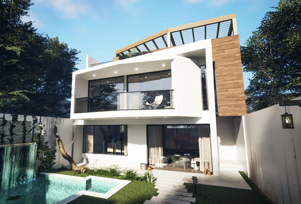 Construccion de casas de campo, fachada con piscina y cascadas
